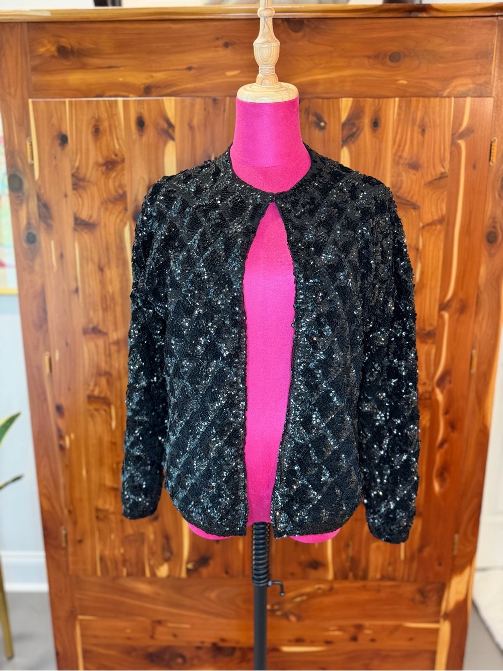 Vintage 60-70s Sparkle Heavy Sequin Black Wool Cardigan Size 42 Fits like Small